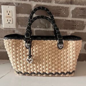 VINTAGE Brighton PEGGY Natural Straw Tote with Black Trim and Heart Charm